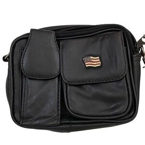 Motorcycle Gear Black Leather Mini Tote Crossbody Bag Moto American Flag Accent